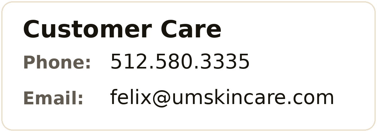 UM Skincare customer care contact card